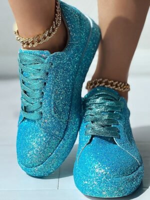 Casual Silver Glitter Lace-Up Platform Sneakers - Image 13