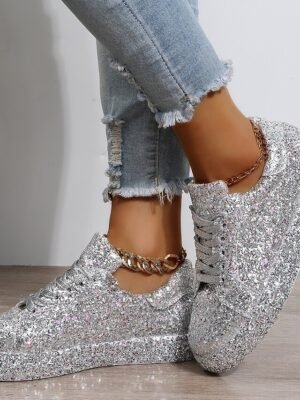 Casual Silver Glitter Lace-Up Platform Sneakers - Image 20