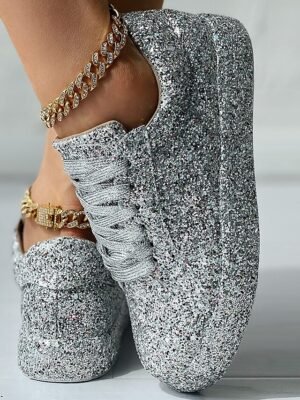 Casual Silver Glitter Lace-Up Platform Sneakers - Image 4