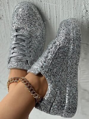 Casual Silver Glitter Lace-Up Platform Sneakers - Image 5