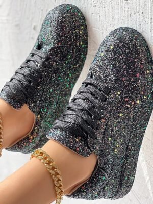 Casual Silver Glitter Lace-Up Platform Sneakers - Image 7