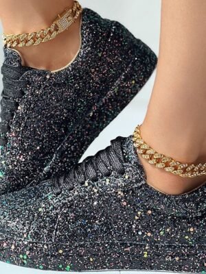 Casual Silver Glitter Lace-Up Platform Sneakers - Image 8