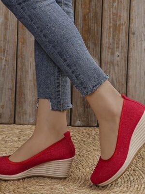 Casual Slip-On Beige Woven Platform Wedge Shoes - Image 12