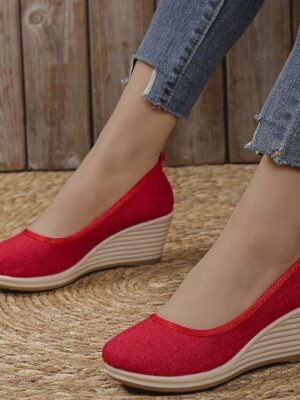 Casual Slip-On Beige Woven Platform Wedge Shoes - Image 13