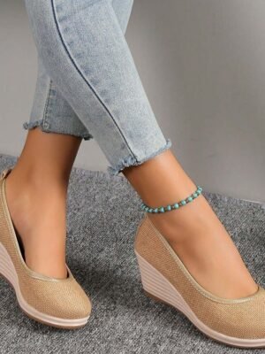 Casual Slip-On Beige Woven Platform Wedge Shoes - Image 2