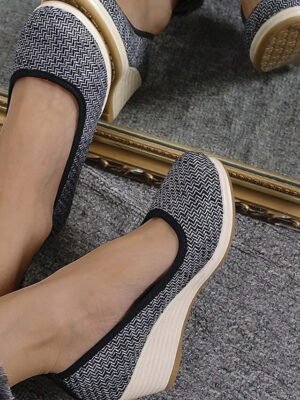 Casual Slip-On Beige Woven Platform Wedge Shoes - Image 24
