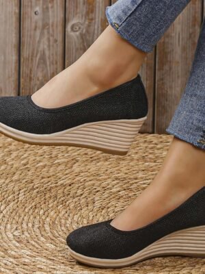 Casual Slip-On Beige Woven Platform Wedge Shoes - Image 8