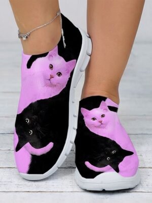 Casual Slip-On Cat Print Mesh Sneakers - Image 5