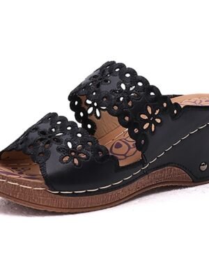 Casual Slip-On Floral Cutout Stitch Detail Wedge Sandals - Image 2