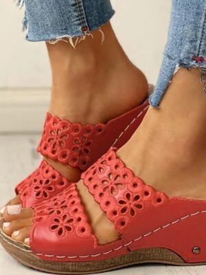 Casual Slip-On Floral Cutout Stitch Detail Wedge Sandals - Image 5