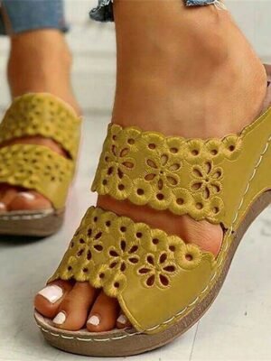 Casual Slip-On Floral Cutout Stitch Detail Wedge Sandals - Image 7