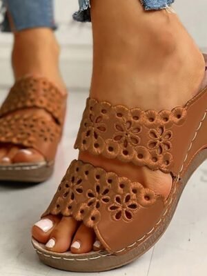 Casual Slip-On Floral Cutout Stitch Detail Wedge Sandals - Image 9