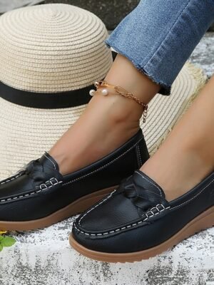 Casual Slip-On Navy Bow Accent Loafers - Image 11