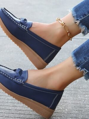 Casual Slip-On Navy Bow Accent Loafers - Image 2