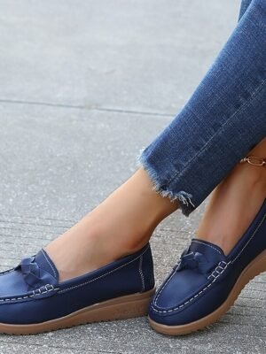 Casual Slip-On Navy Bow Accent Loafers - Image 3