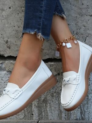 Casual Slip-On Navy Bow Accent Loafers - Image 5