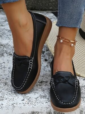 Casual Slip-On Navy Bow Accent Loafers - Image 9