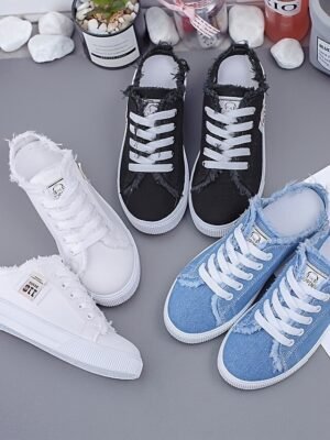 Casual Slip-On Raw Edge Canvas Backless Sneakers - Image 14