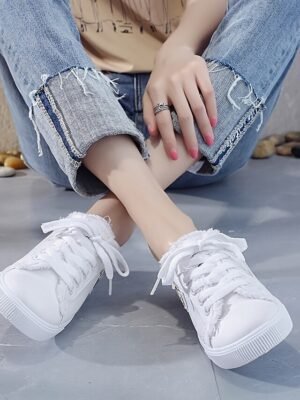 Casual Slip-On Raw Edge Canvas Backless Sneakers - Image 4