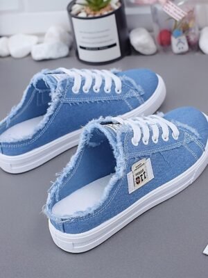 Casual Slip-On Raw Edge Canvas Backless Sneakers - Image 5