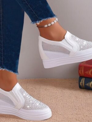 Casual Slip-On Rhinestone Round Toe Wedge Heel Sneakers - Image 3