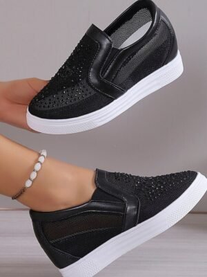 Casual Slip-On Rhinestone Round Toe Wedge Heel Sneakers - Image 8