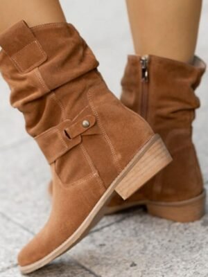 Casual Slouchy Beige Round Toe Ankle Boots - Image 3