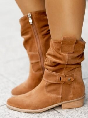 Casual Slouchy Beige Round Toe Ankle Boots - Image 4