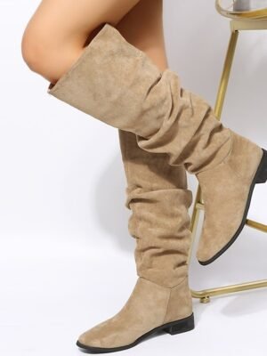 Casual Slouchy Tan Knee-High Low Heel Suede Boots - Image 2