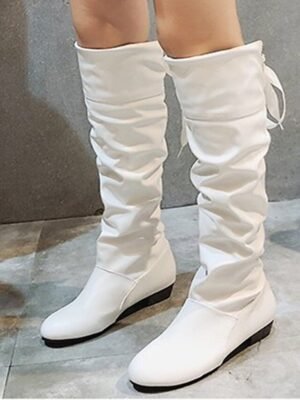 Casual Slouchy White Knee-High Low Heel Boots - Image 2
