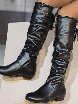 Casual Slouchy White Knee-High Low Heel Boots - Image 4