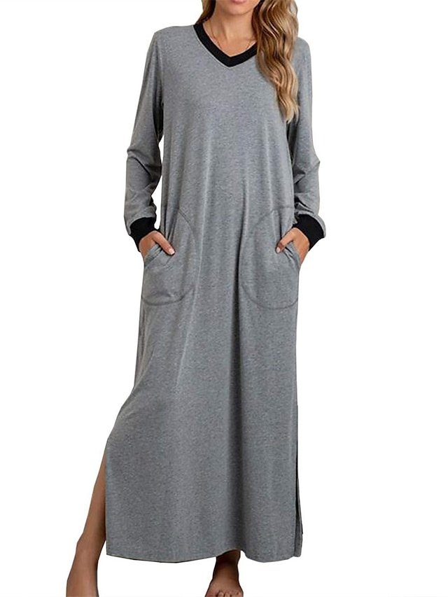 Casual Soft Patchwork V Wire Long Sleeve Pocket Nightgown - Image 1