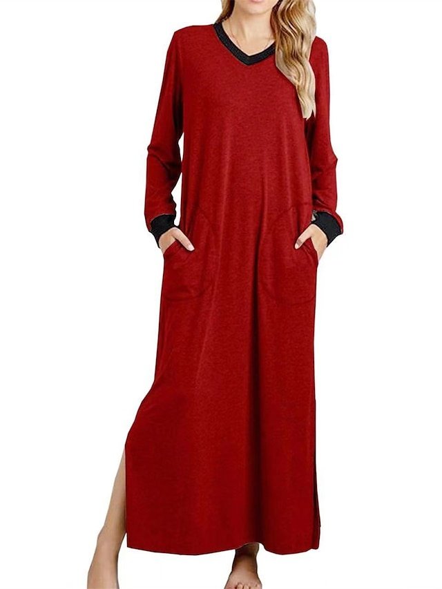 Casual Soft Patchwork V Wire Long Sleeve Pocket Nightgown - Image 2