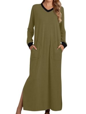 Casual Soft Patchwork V Wire Long Sleeve Pocket Nightgown - Image 4
