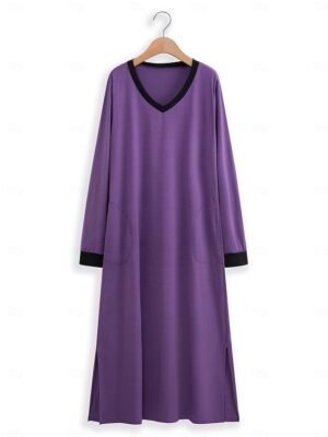 Casual Soft Patchwork V Wire Long Sleeve Pocket Nightgown - Image 6