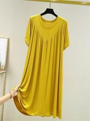 Casual Soft Pure Crew Neck Short Sleeve Summer Nightgown - Image 3