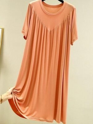Casual Soft Pure Crew Neck Short Sleeve Summer Nightgown - Image 4