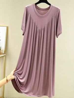 Casual Soft Pure Crew Neck Short Sleeve Summer Nightgown - Image 5