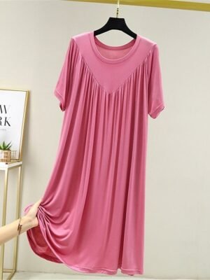 Casual Soft Pure Crew Neck Short Sleeve Summer Nightgown - Image 9