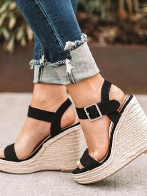 Casual Suede Wedge Ankle Strap Espadrille Sandals - Image 2
