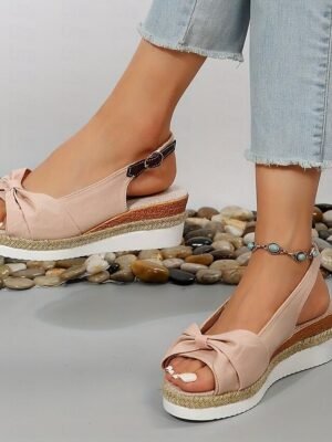 Casual Summer Open-Toe Slingback Bow Wedge Sandals - Image 11