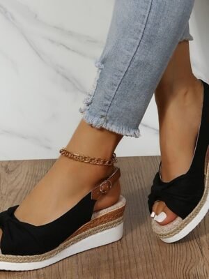 Casual Summer Open-Toe Slingback Bow Wedge Sandals - Image 3