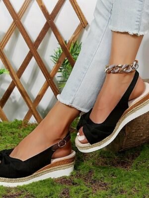 Casual Summer Open-Toe Slingback Bow Wedge Sandals - Image 5