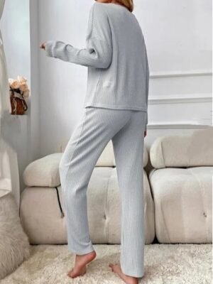Casual Tailored Fit Pure Colour U Neck Long Sleeve Loungewear Set - Image 2
