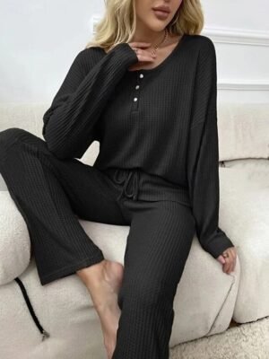 Casual Tailored Fit Pure Colour U Neck Long Sleeve Loungewear Set - Image 5