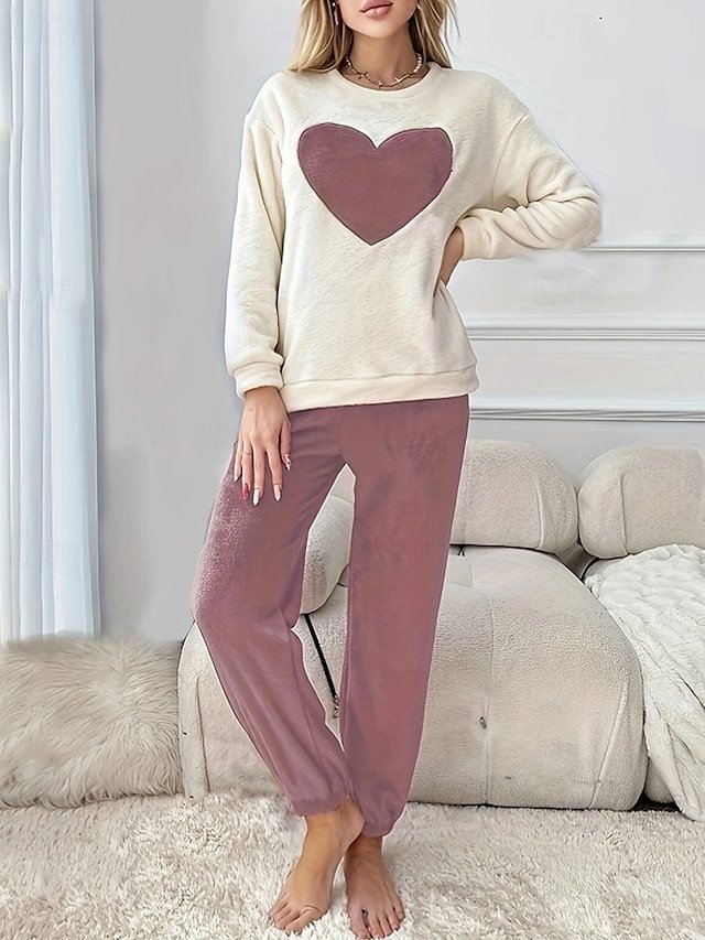 Casual Tailored Heart Crew Neck Long Sleeve Pajama Set - Image 1