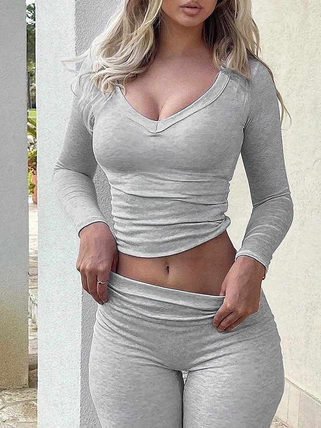 Casual Tailored Pure Colour V Neck Long Sleeve Loungewear Set - Image 1
