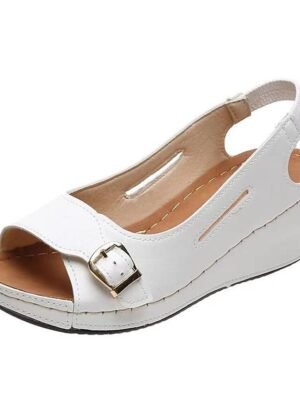 Casual Wedge Heel Black Open-Toe Buckle Strap Sandals - Image 4