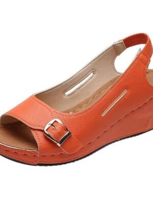 Casual Wedge Heel Black Open-Toe Buckle Strap Sandals - Image 6