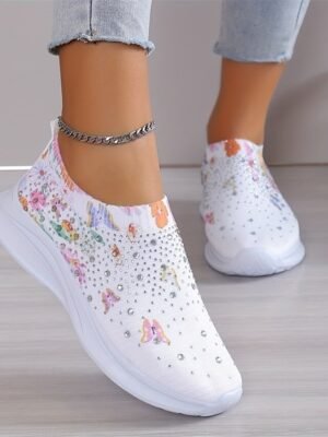 Casual White Floral Rhinestone Slip-On Sneakers - Image 1